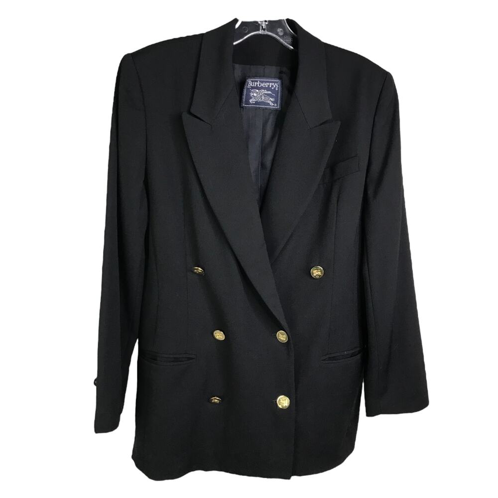Burberrys' Vintage Blazer Jacket Womens 8 Black Wool Double Breasted Gold Button